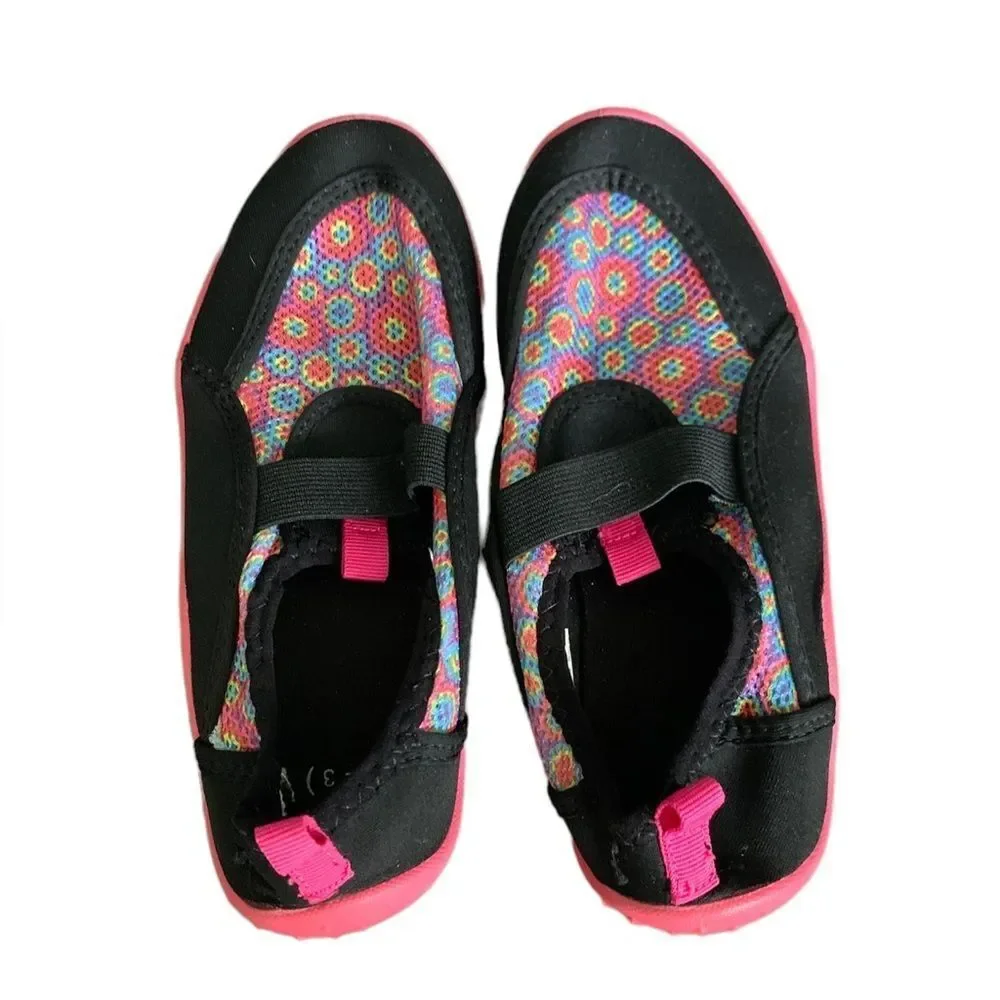 Girls Water Shoes Black Tie Dye Pink Mesh Pull On Rubber Bottom Size 2-3